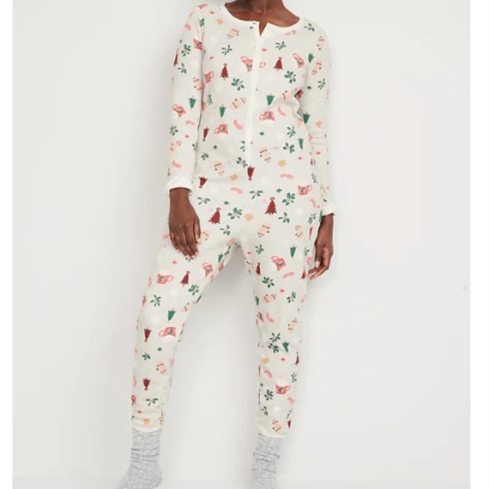 OLD NAVY | Women's Thermal-Knit One-Piece Pajamas Light Blue Holly Leaf Large